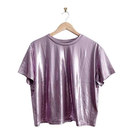 H&M Glittery Top Pink Dots Short Sleeve Wide Boxy Women's M - Picture 1 of 8